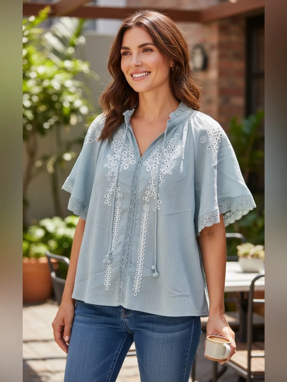 Chelsea & Theodore Women's Large Green Embroidered Crinkle Tunic Top Boxy Boho